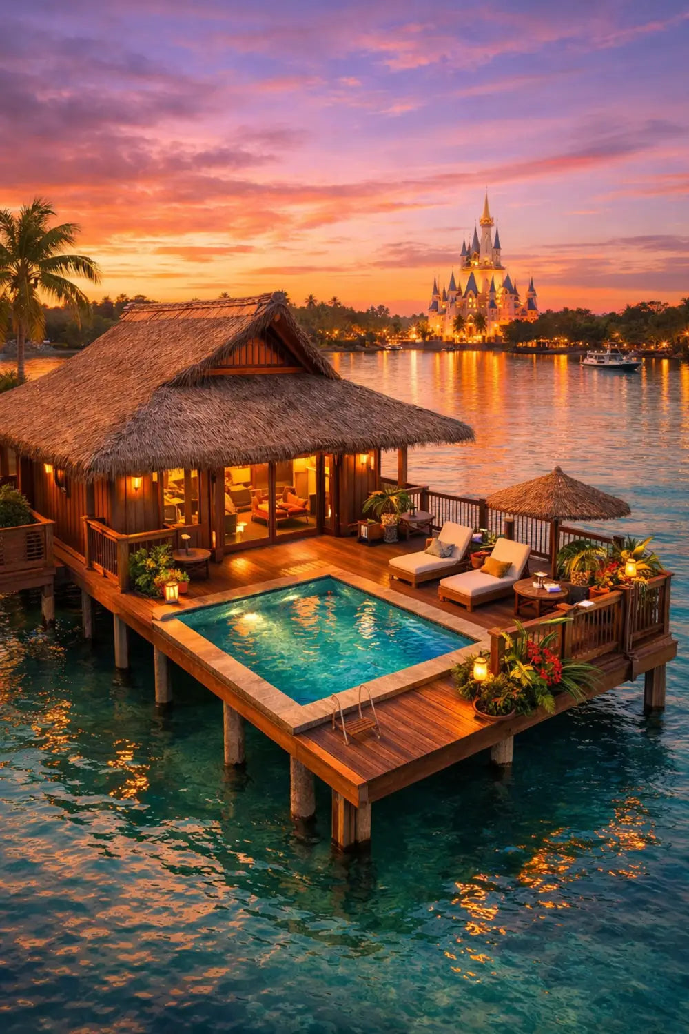 Bora Bora Bungalow over Seven Seas Lagoon with Magic Kingdom castle view at Disney's Polynesian