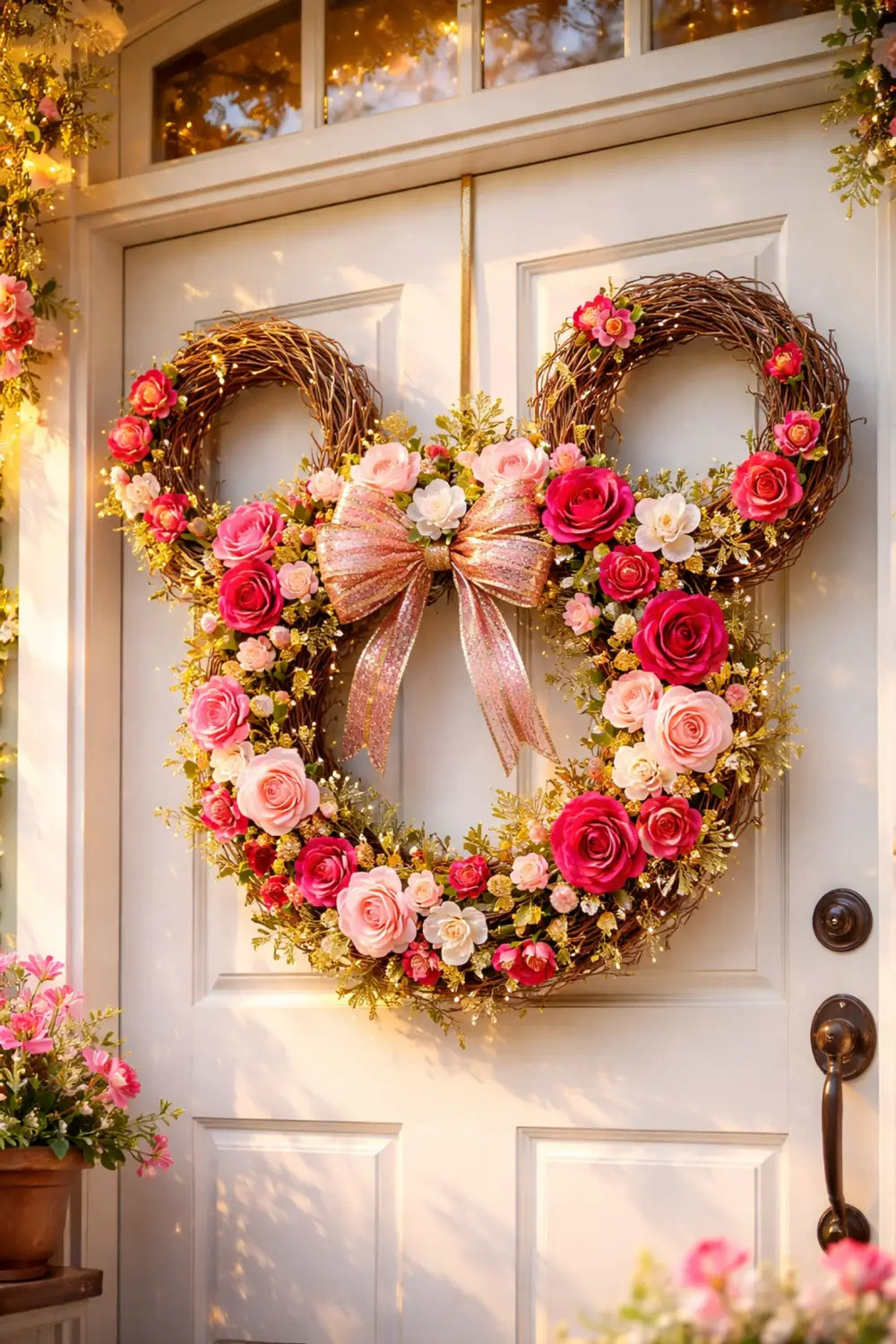 Handmade Mickey Mouse-shaped wreath with pink and red roses, perfect for Disney-inspired front door décor.