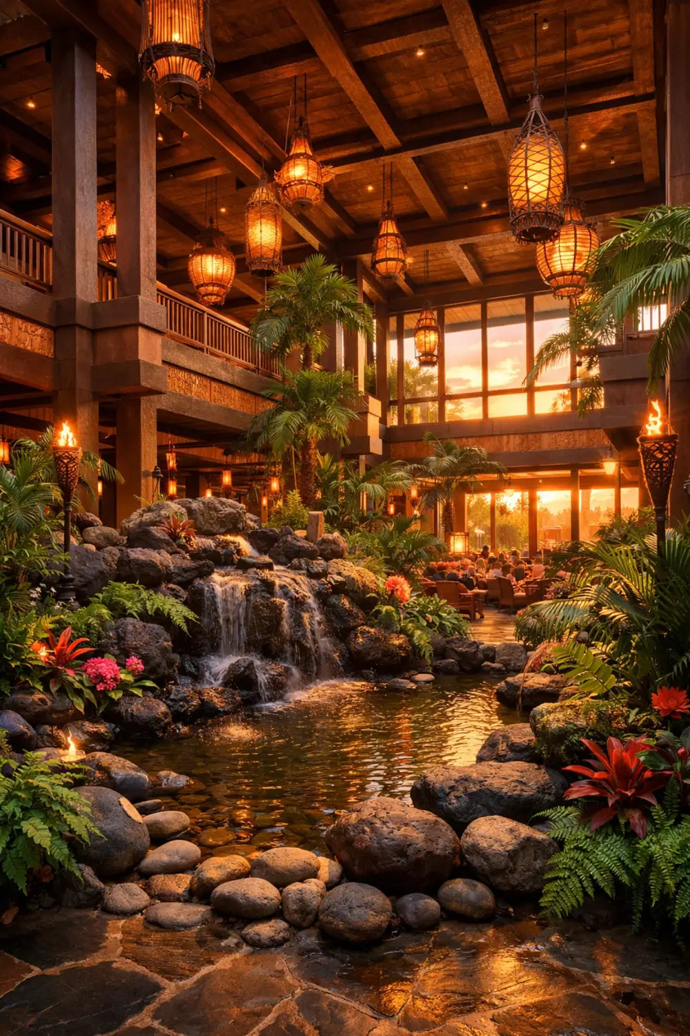 Disney's Polynesian Village Resort Great Ceremonial House lobby with tropical plants and Tiki decor
