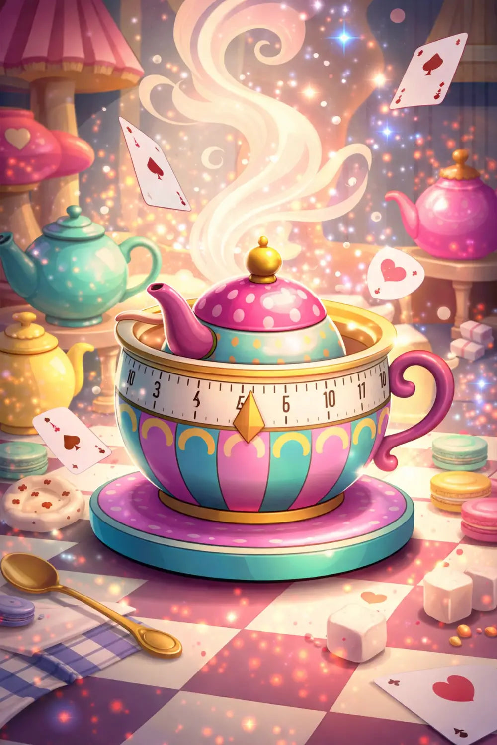 Whimsical Alice in Wonderland kitchen timer as a colorful teacup surrounded by playful Wonderland elements