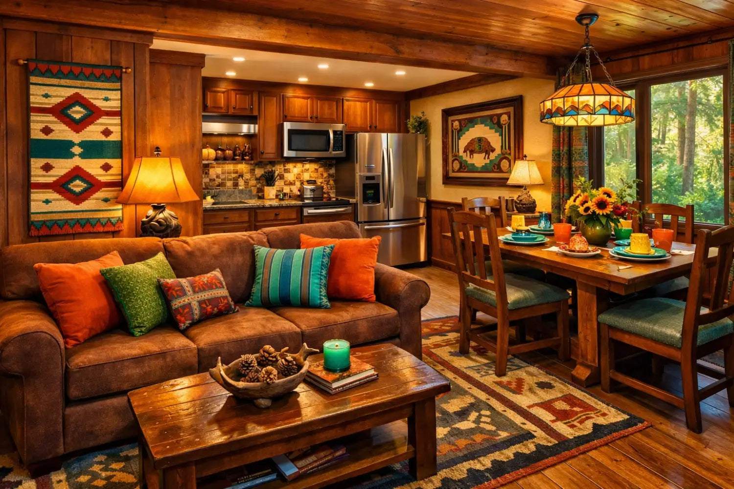 Boulder Ridge Villa interior featuring rustic living room and modern kitchen at Disney's Wilderness Lodge