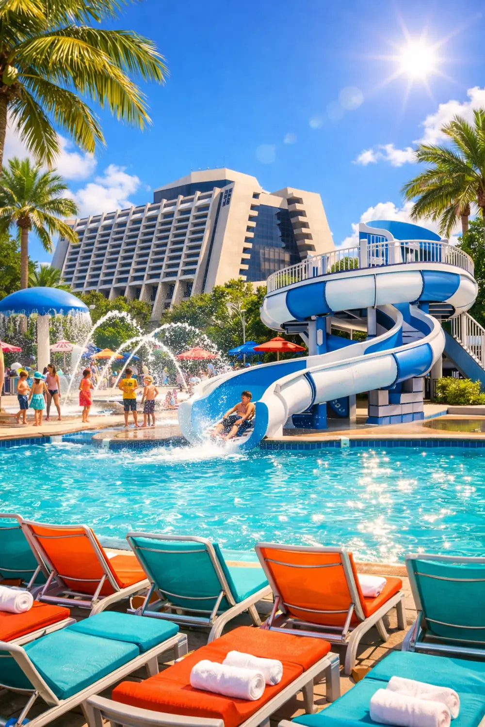 Disney's Contemporary Resort feature pool with curved waterslide and families enjoying water activities