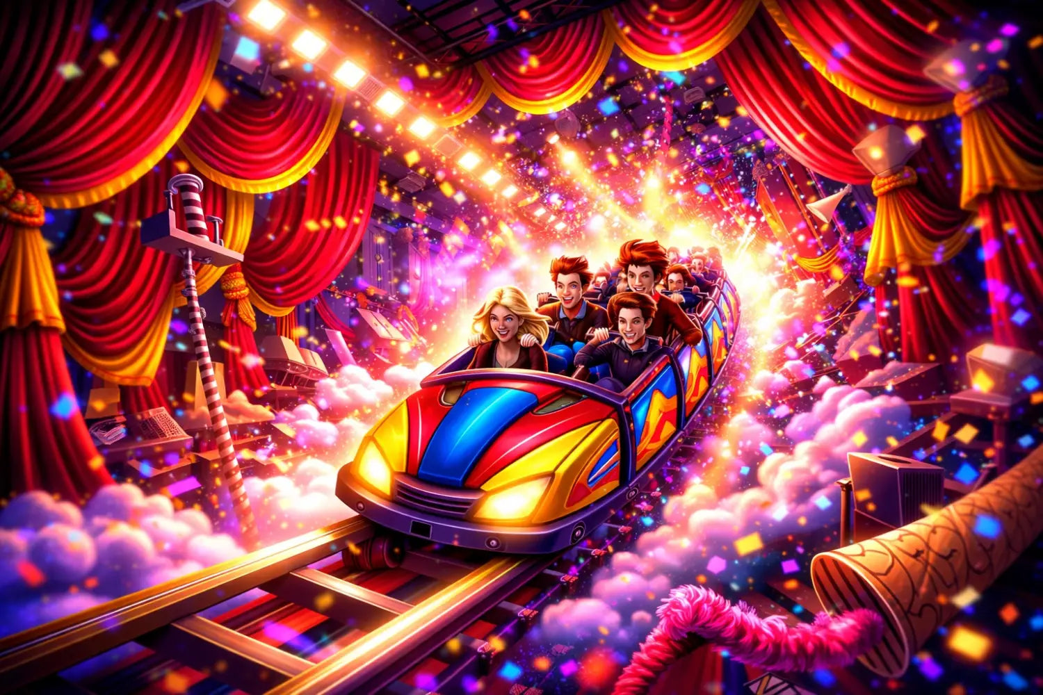 Roller coaster racing through a lively theater scene with spotlights and Muppet-inspired chaos for the Rock 'n' Roller Coaster update