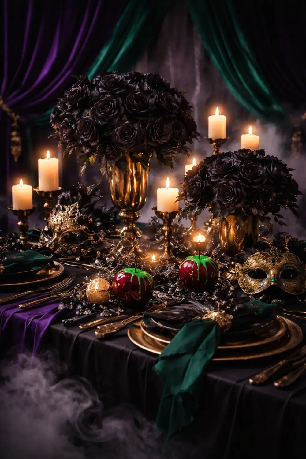 Luxurious villain masquerade table with black roses, gold vases, dramatic candles, and poisoned apple decor for a Disney adult party