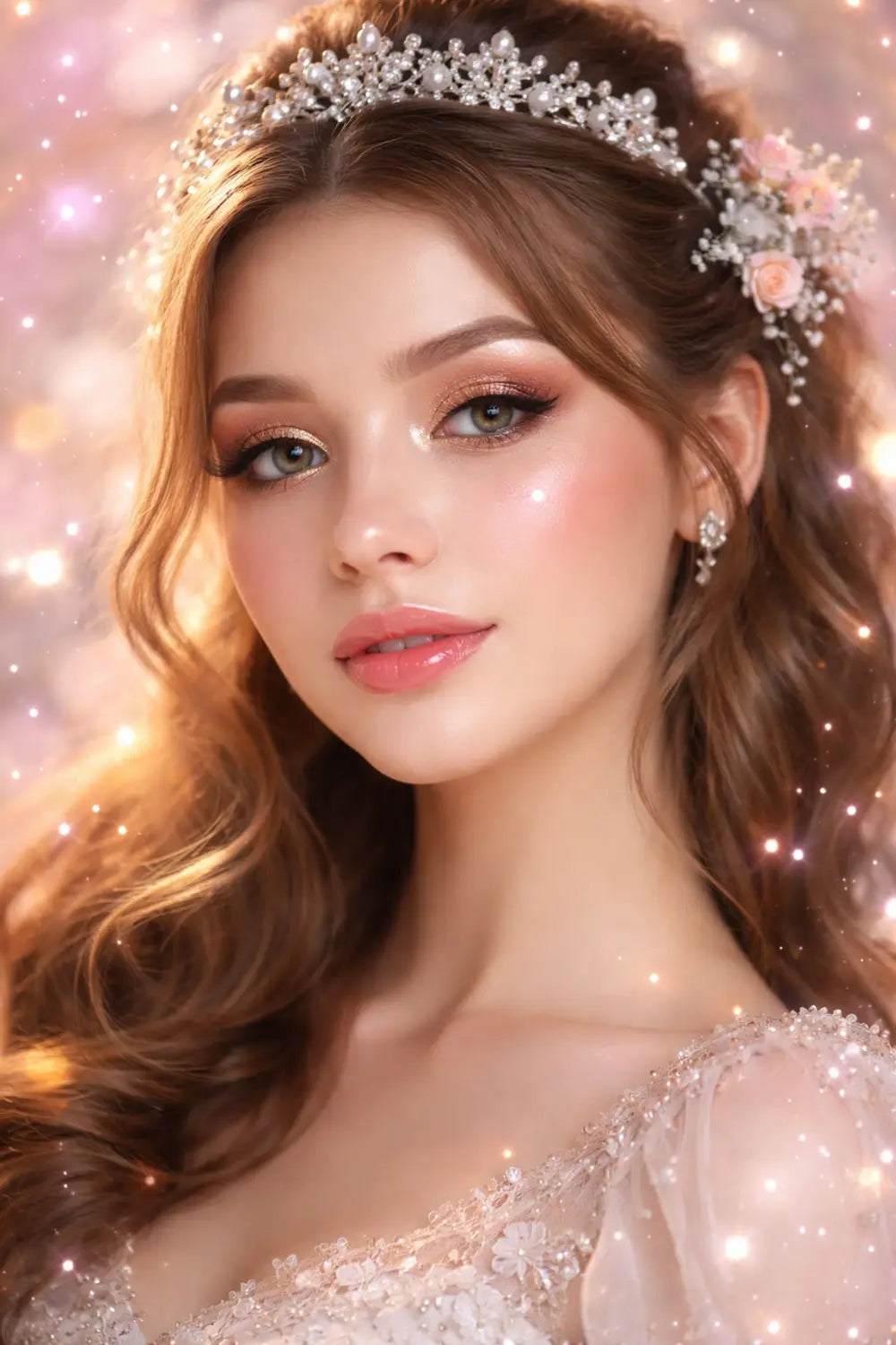Close-up of princess-inspired makeup and hairstyle with a tiara, exemplifying Disney princess beauty tips for adults.