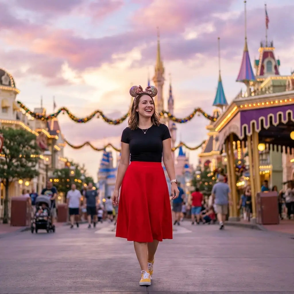 Young woman in Disney Bounding outfit at whimsical theme park with castle spires and twinkling lights