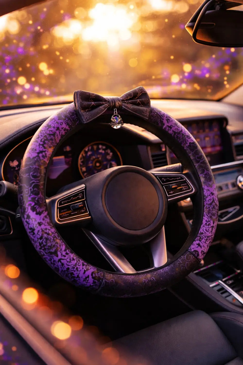 Disney-inspired Haunted Mansion steering wheel cover in a sunlit car interior for magical commutes