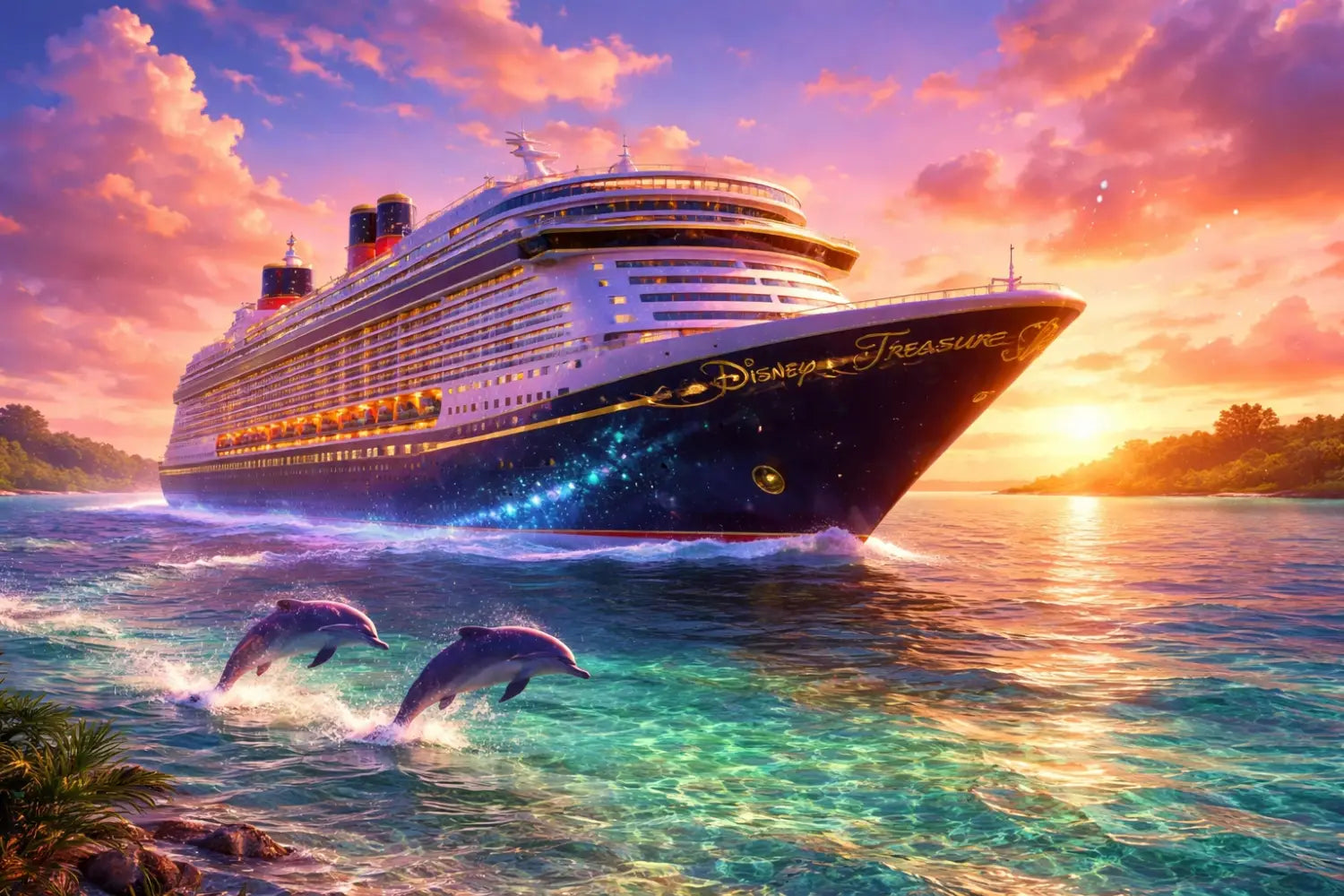 Disney Treasure cruise ship sailing in the Caribbean with tropical islands and dolphins at sunset.