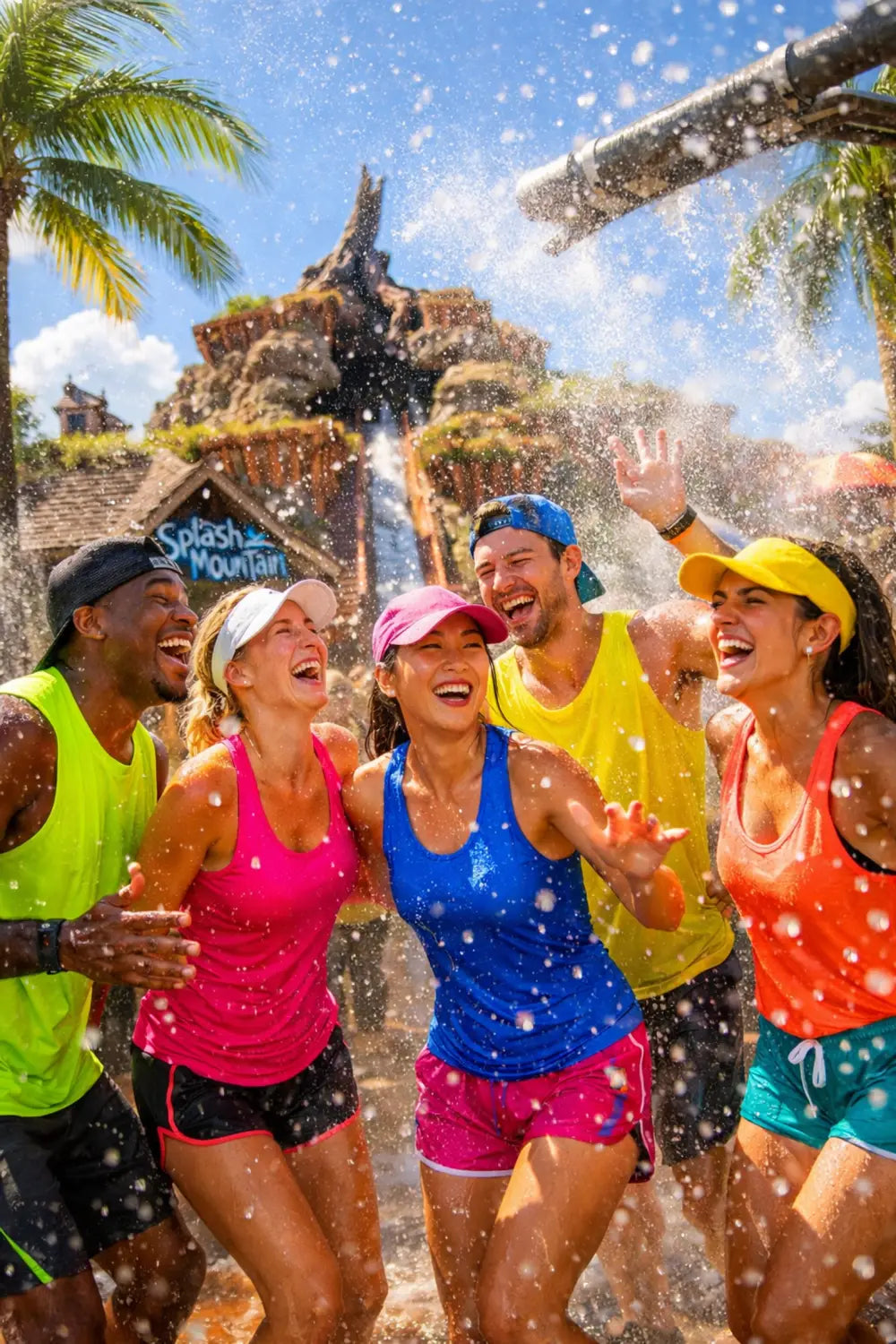 Friends in summer athletic wear staying cool at Disney World