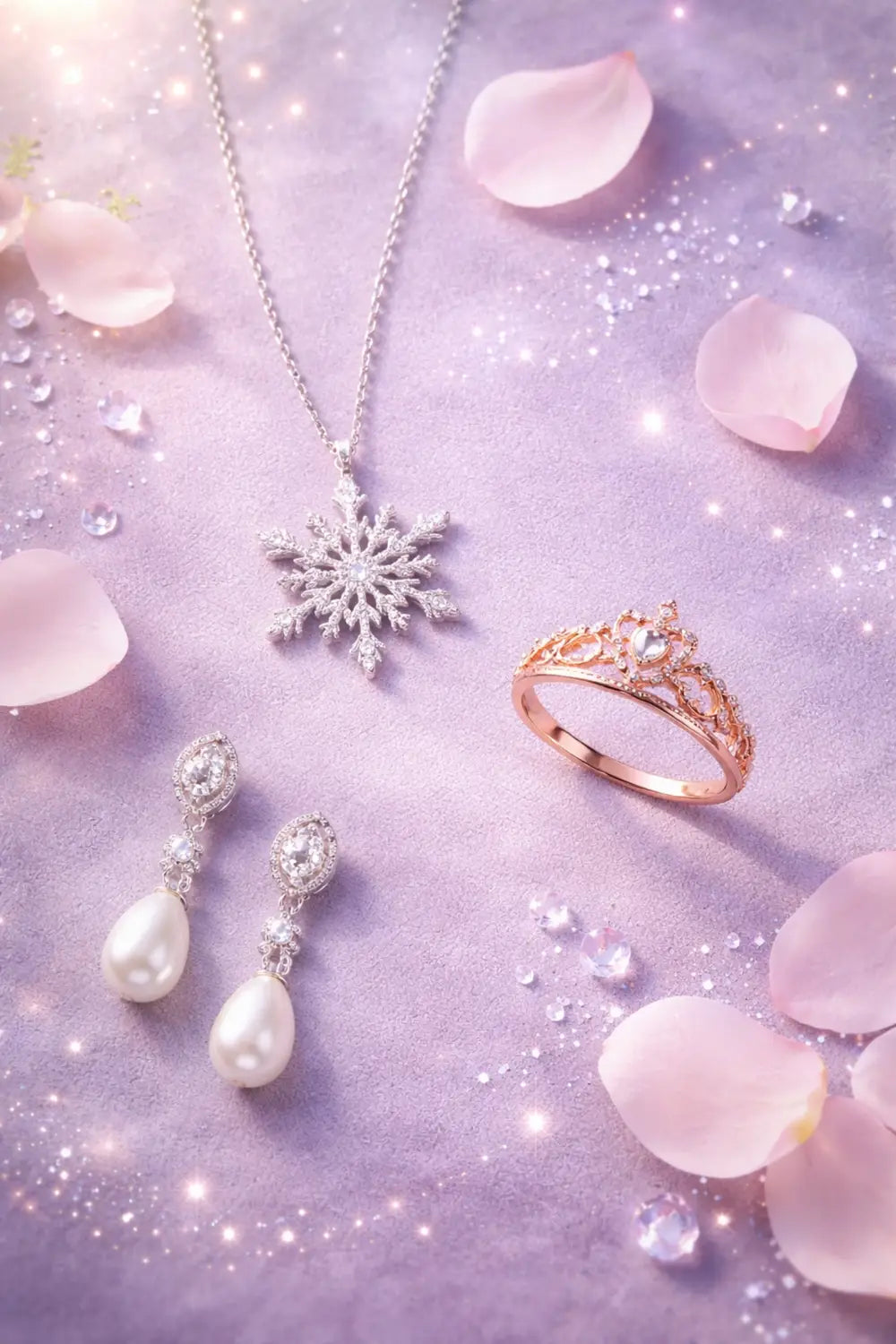 Flat lay of Disney-inspired fine jewelry including a snowflake necklace, tiara ring, and pearl earrings on lavender velvet.