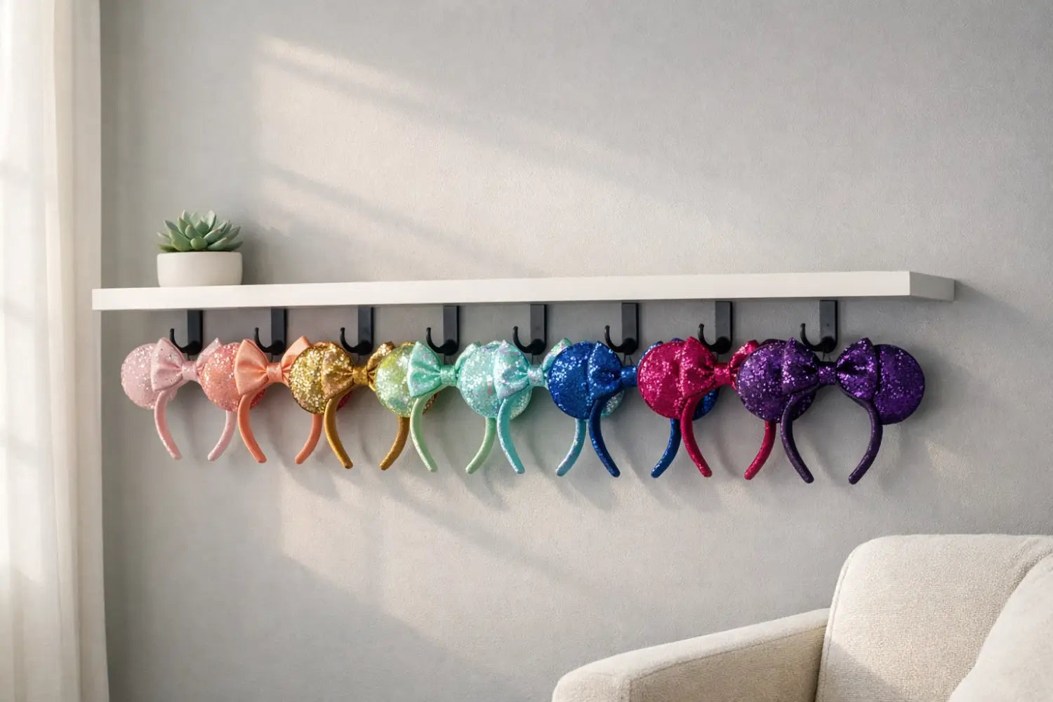 Colorful Minnie ears displayed on minimalist floating shelf with elegant home decor