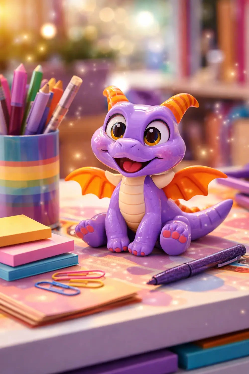 Close-up of Figment dragon figurine on a colorful desk, adding Disney creativity to a workspace