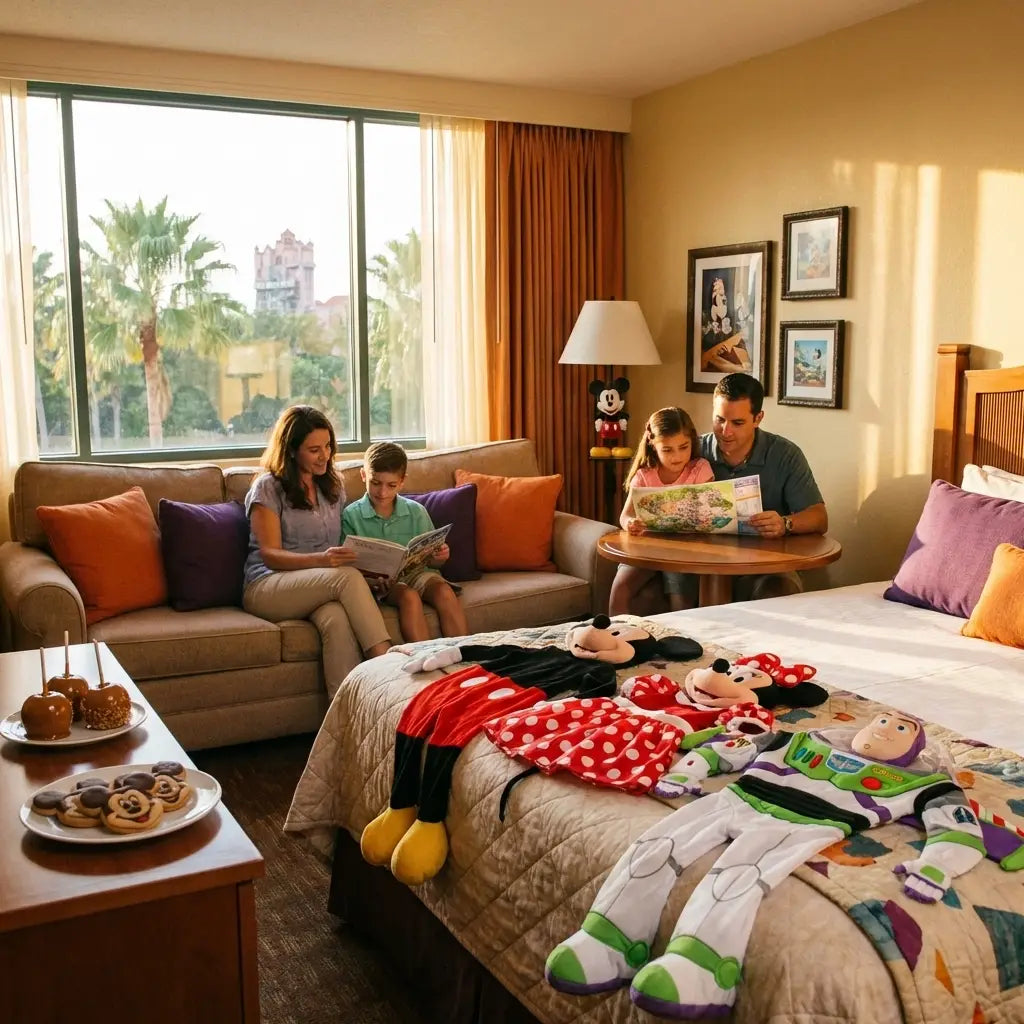 Family relaxing in a Disney resort hotel room with Halloween costumes ready for Mickey's Not-So-Scary Halloween Party