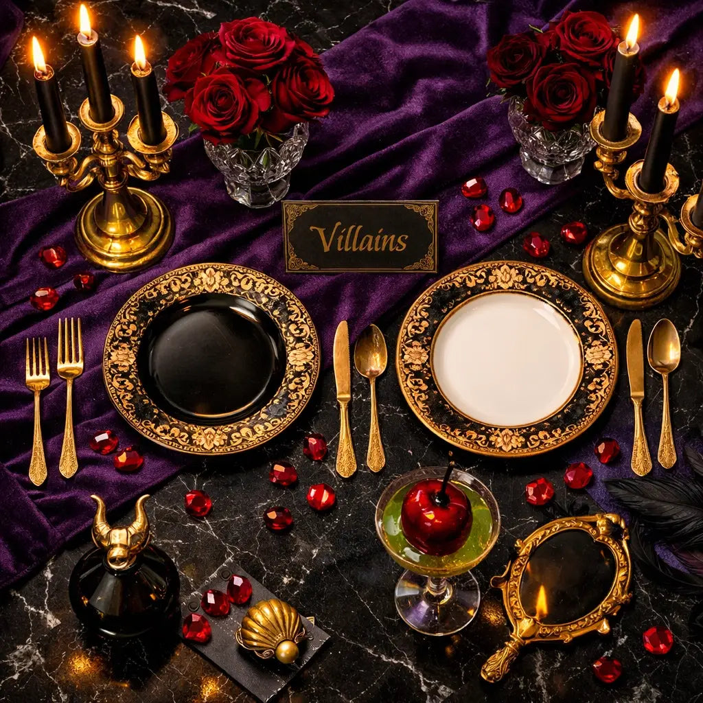 Elegant Disney villain-themed party table with purple decor and gold accents for adults