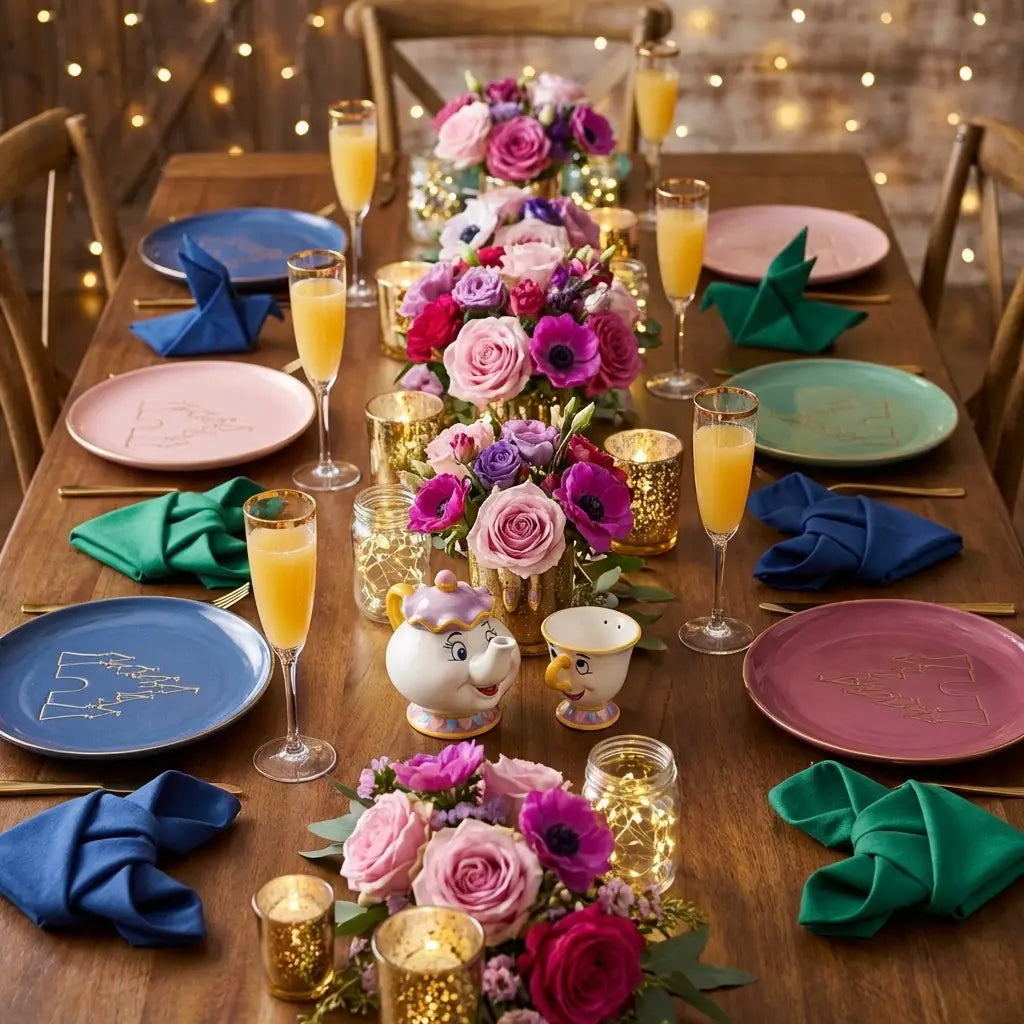 Elegant dining table with vibrant Disney dinnerware and character-inspired accents for magical meals