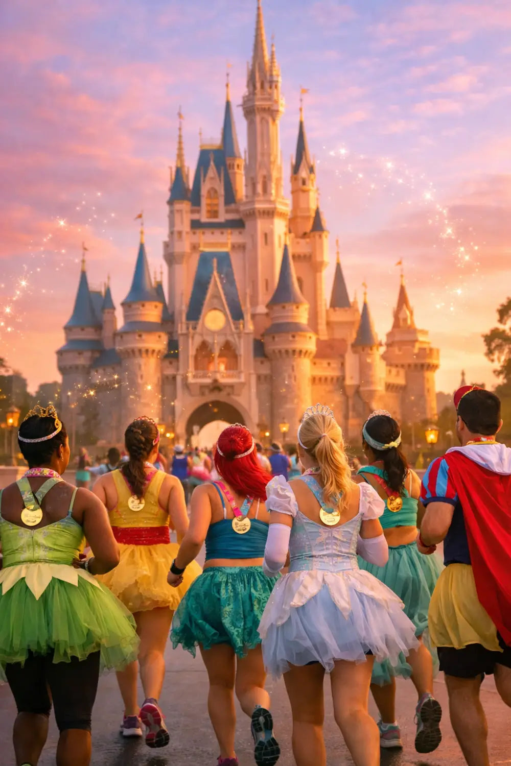Disney Princess Half Marathon runners at Cinderella Castle at sunrise