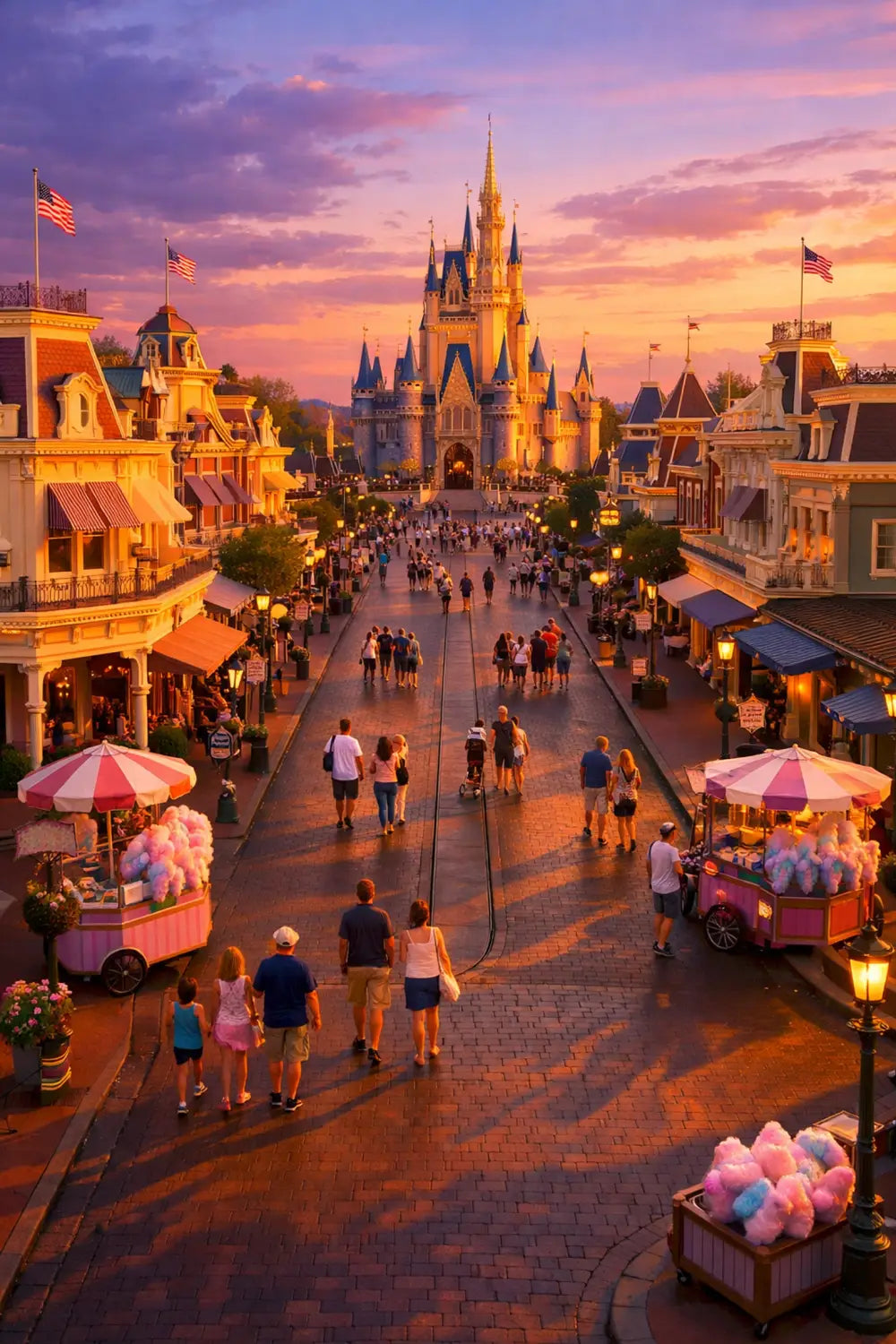 Magic Kingdom during off-season with smaller crowds and golden sunset over Cinderella Castle
