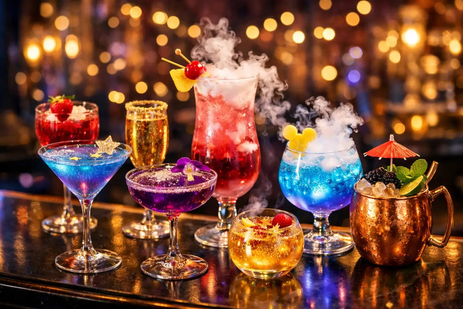Disney-inspired cocktails and mocktails with colorful garnishes for adult birthday party