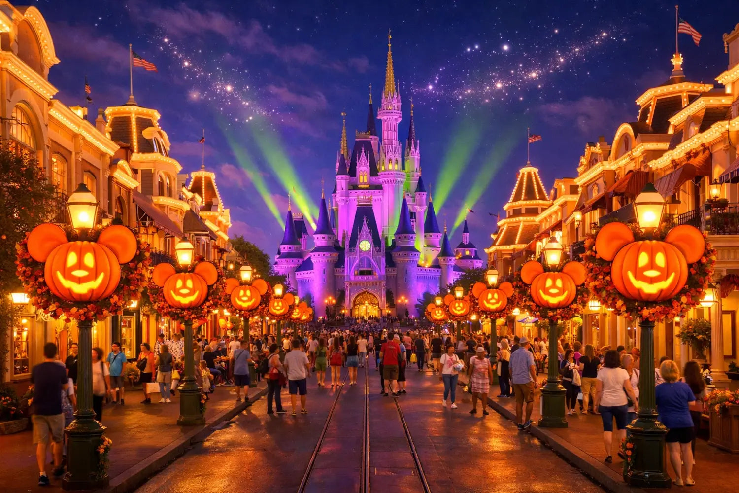 Mickey-shaped pumpkin wreaths on Main Street USA with Cinderella Castle at Mickey’s Not-So-Scary Halloween Party.