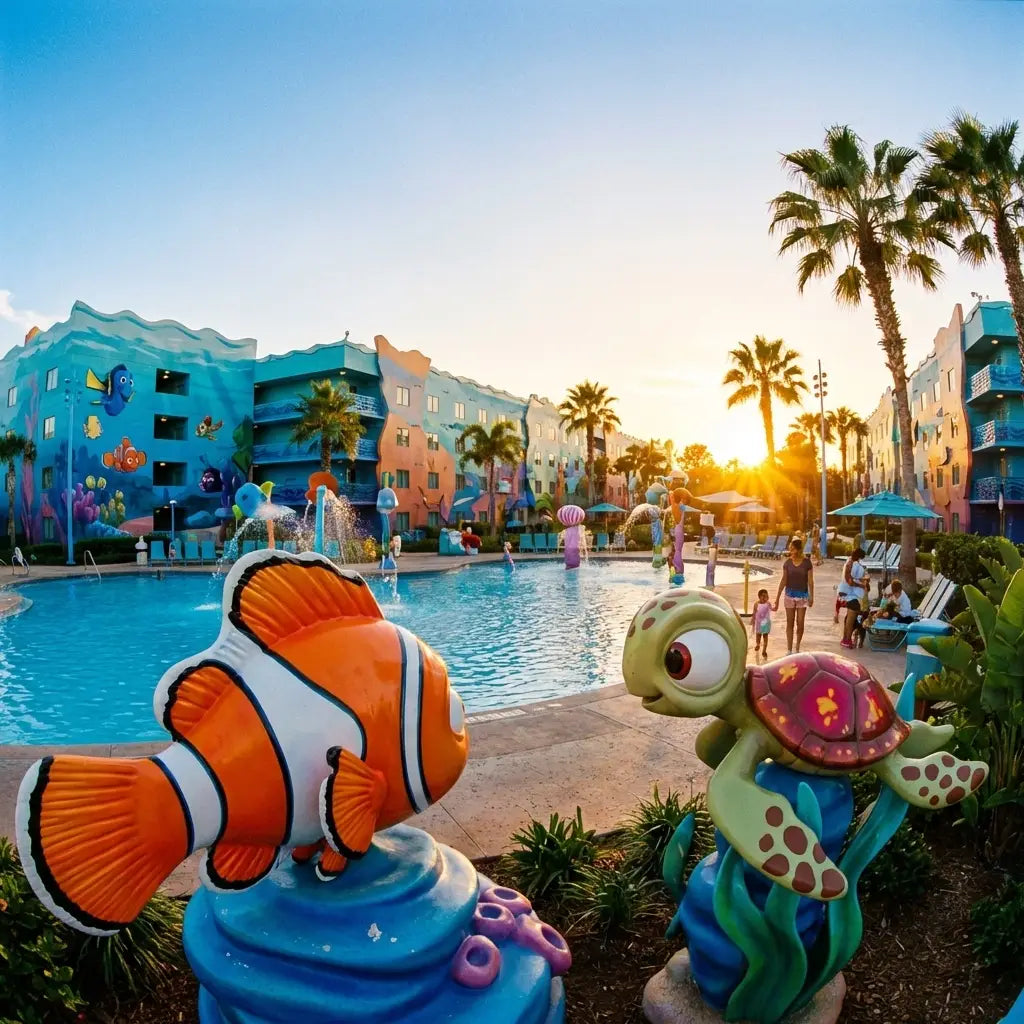 Disney's Art of Animation Resort exterior with Finding Nemo sculptures and Big Blue Pool at sunset