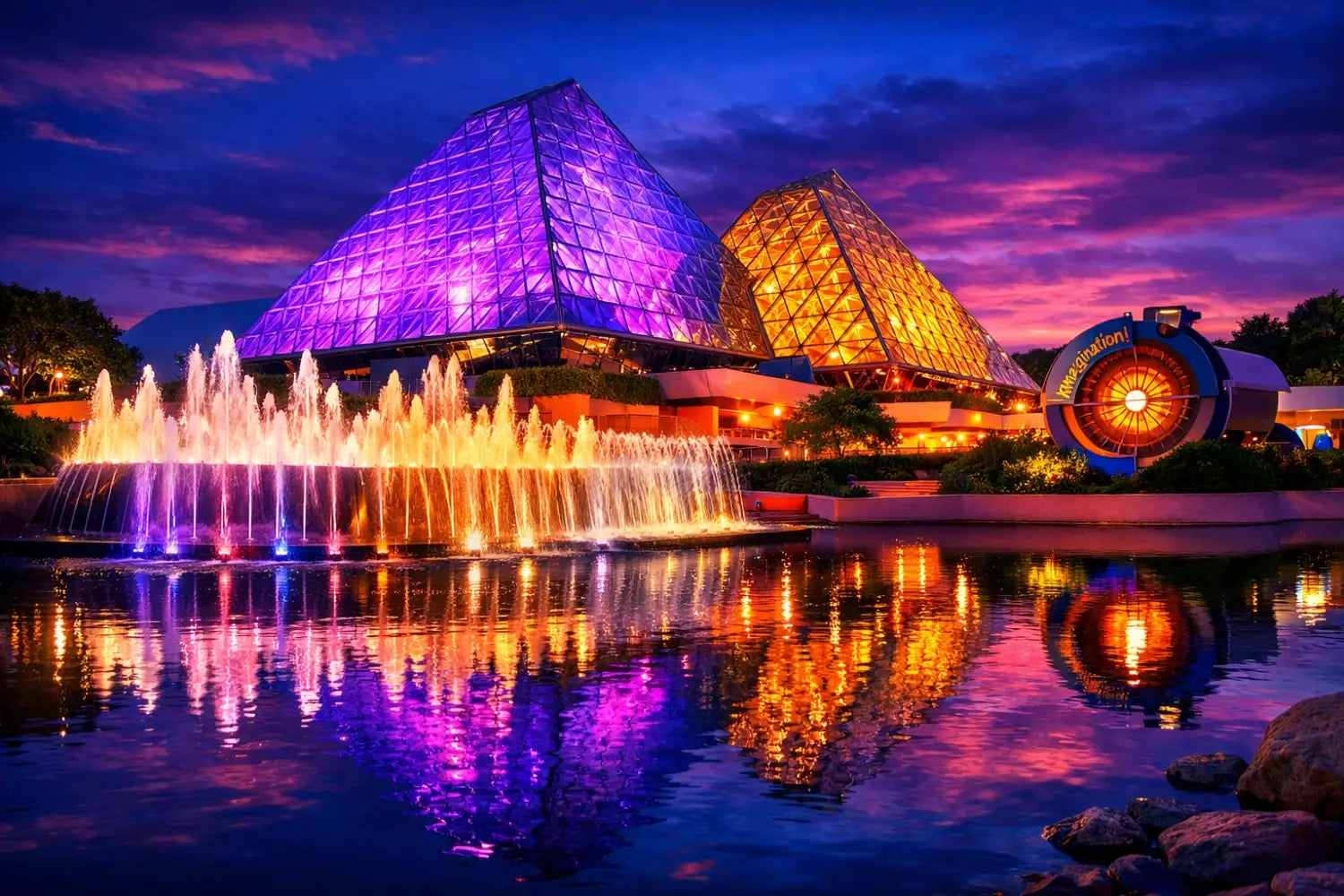 The glass pyramids of the EPCOT Imagination Pavilion glowing with purple and gold lights at night.