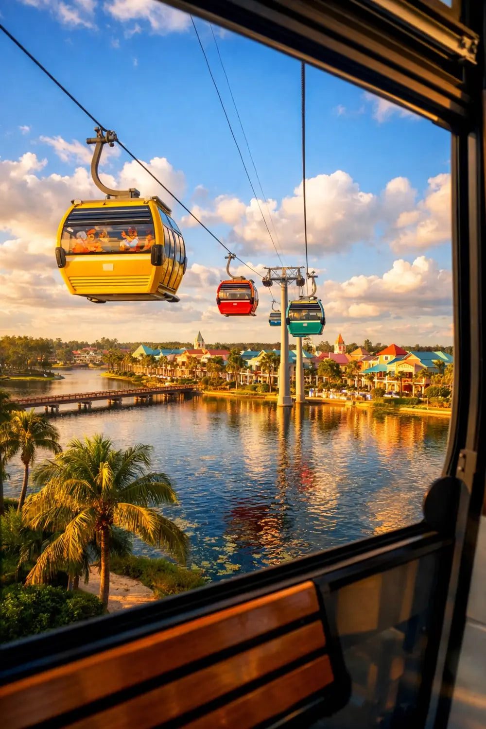 Disney Skyliner gondola view overlooking Caribbean Beach Resort's tropical landscape and lakes
