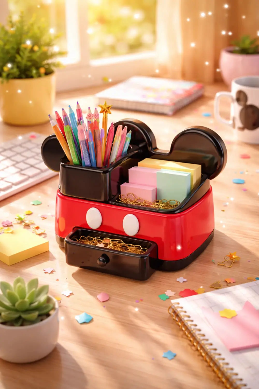 A Disney-themed home office desk setup with a Mickey Mouse organizer, colorful stationery, and magical decor.