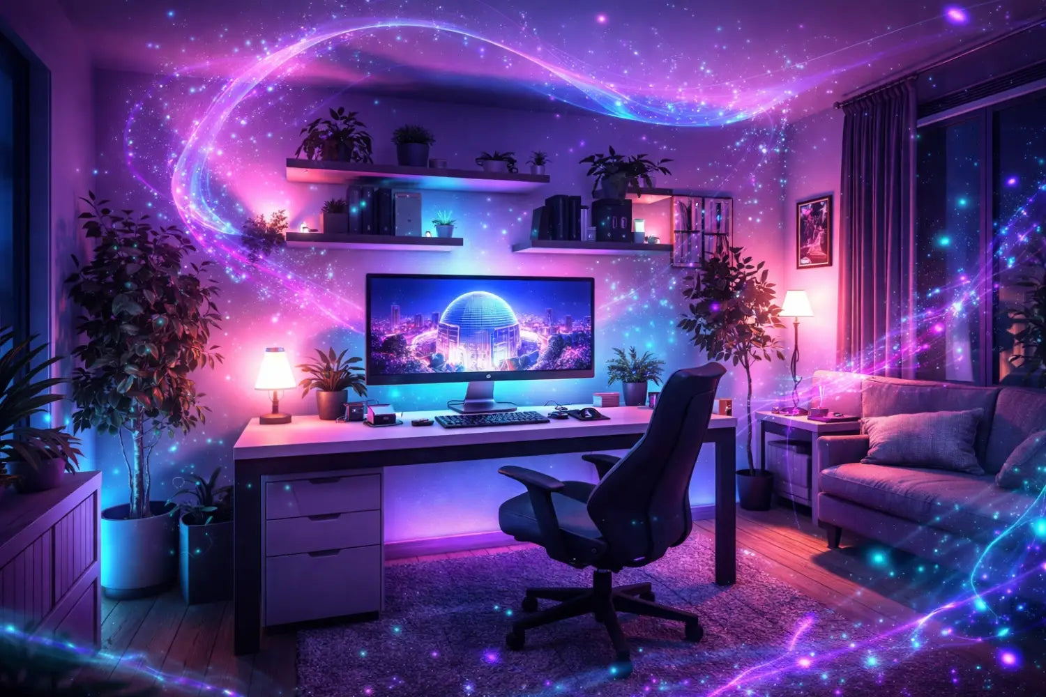 Cozy home office space illuminated with purple and teal smart lighting for Disney-inspired ambiance