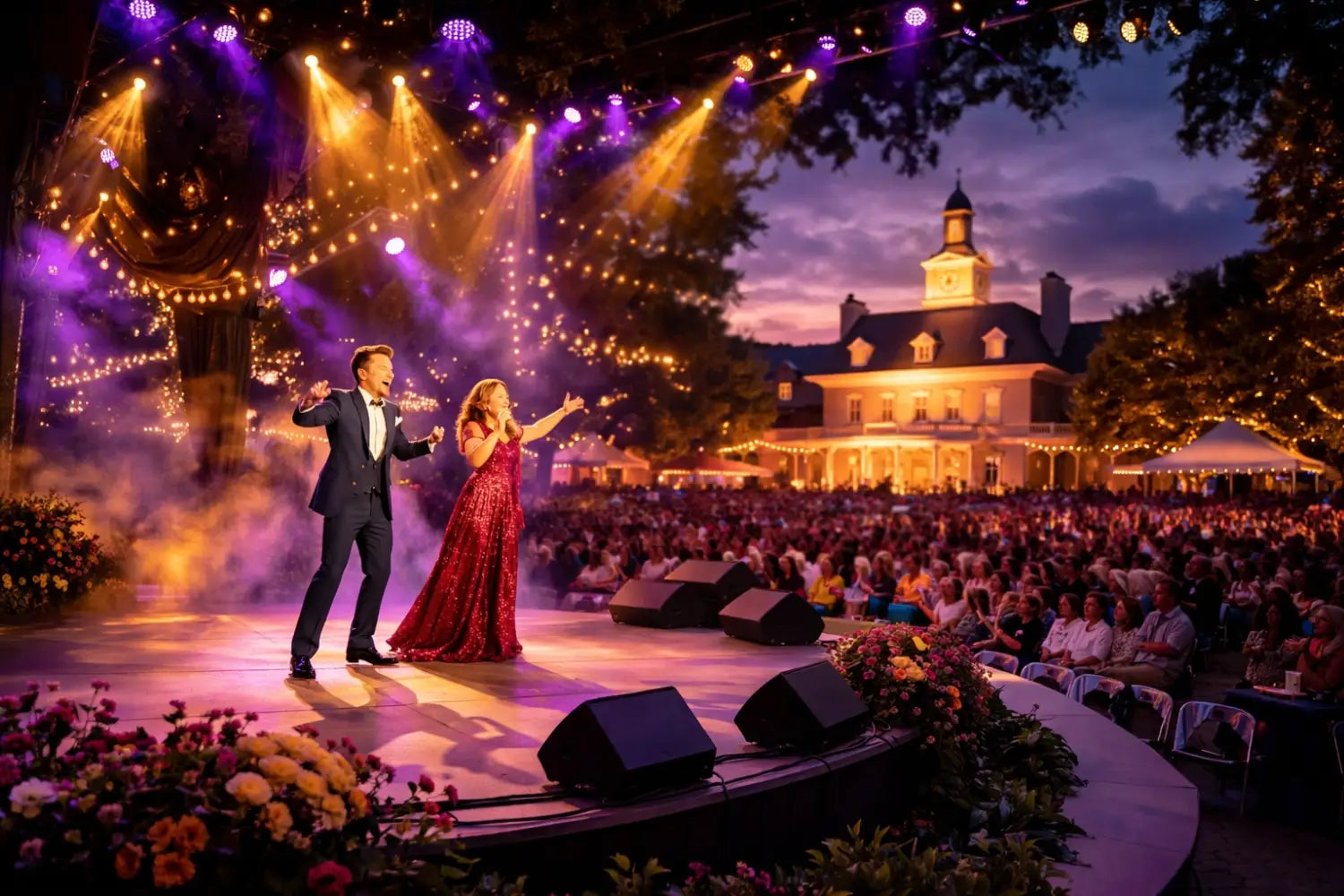 Broadway performers on stage with dramatic lighting at the America Gardens Theatre during EPCOT Festival of the Arts