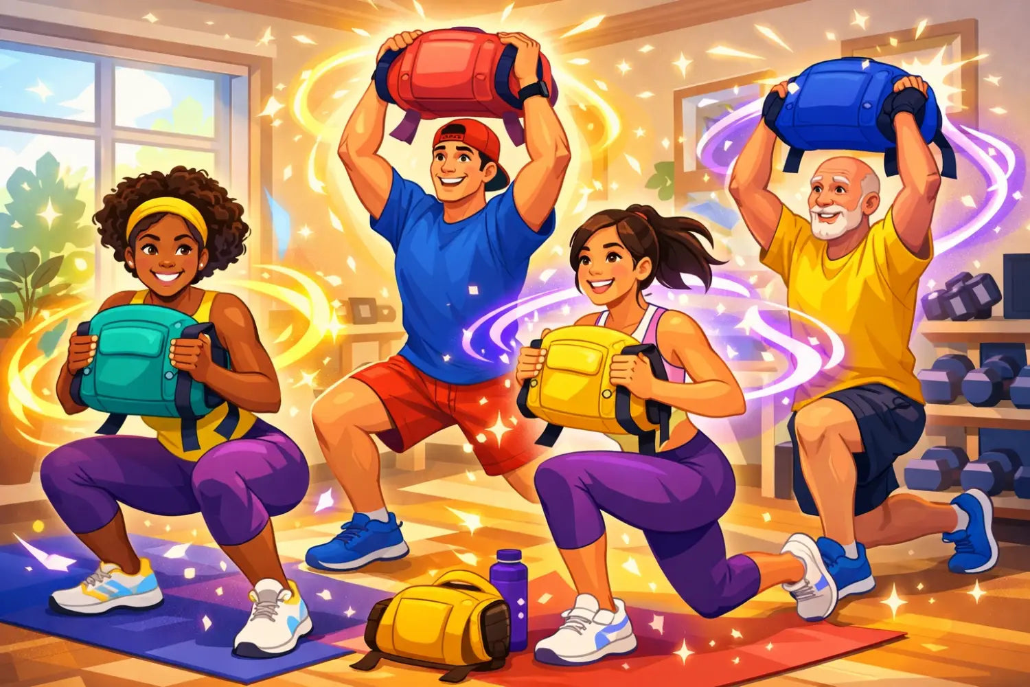 Strength training exercises with loaded park bags for Disney trip fitness preparation