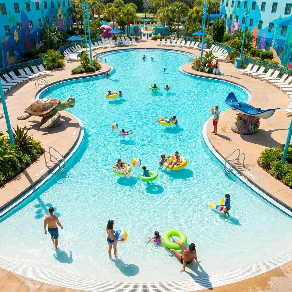 Big Blue Pool at Disney's Art of Animation Resort with Finding Nemo characters and families swimming