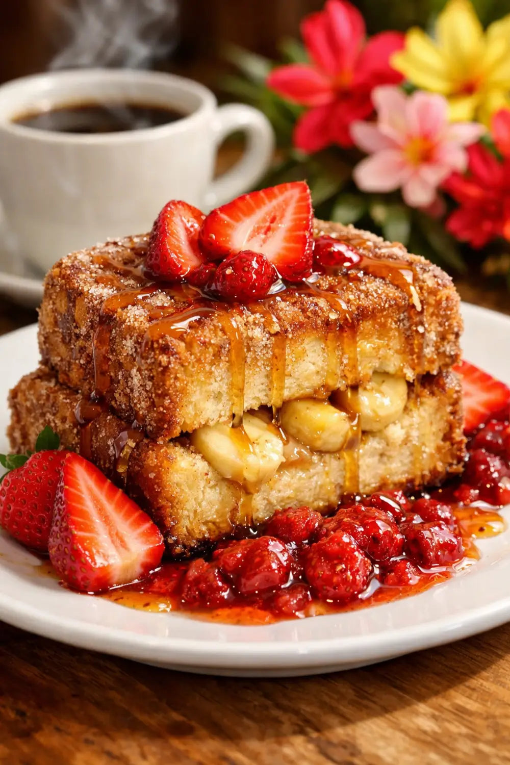 Tonga Toast breakfast with banana filling and strawberries at Kona Cafe Polynesian Resort