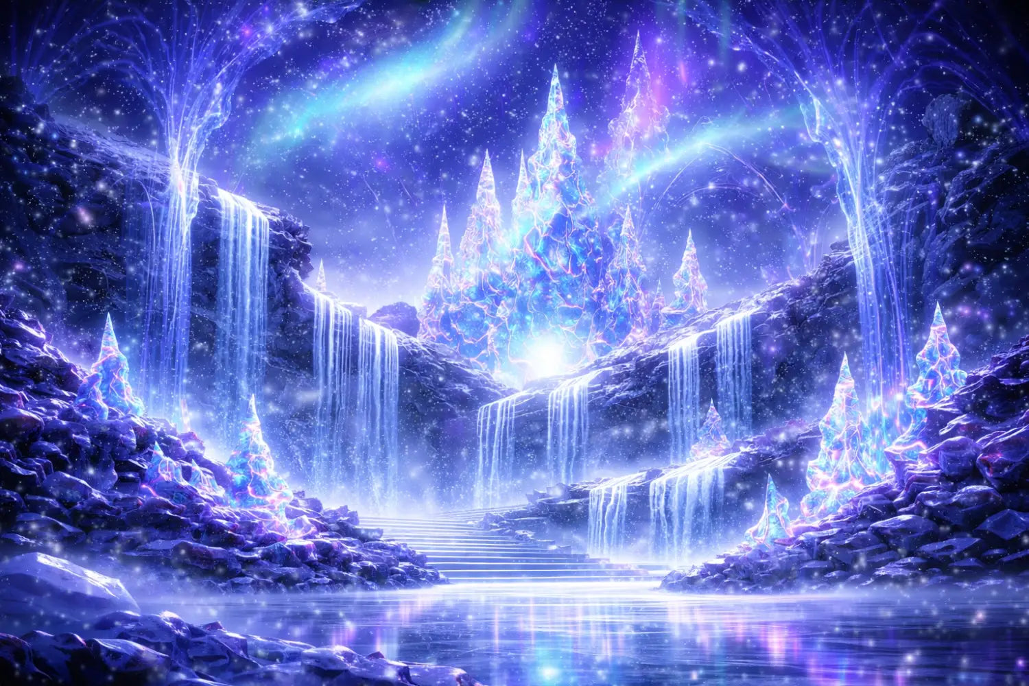 Enchanting glowing ice palace interior with icy blue and purple hues inspired by Frozen Ever After's 2026 upgrades at EPCOT