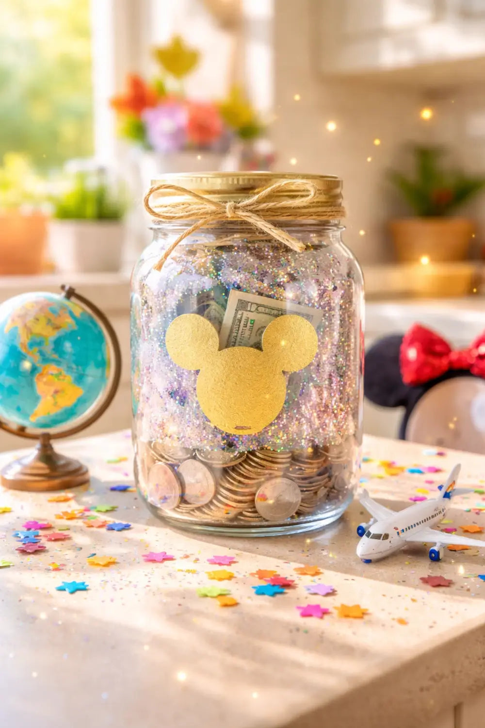 Glittery Disney vacation savings jar with Mickey ears design, surrounded by coins, globe, and confetti on a kitchen counter.