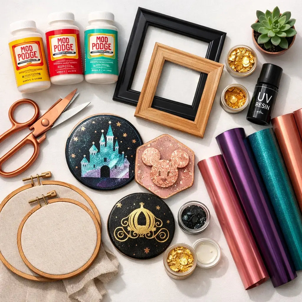 Sophisticated Disney craft supplies including frames, vinyl, and Mod Podge for adult DIY