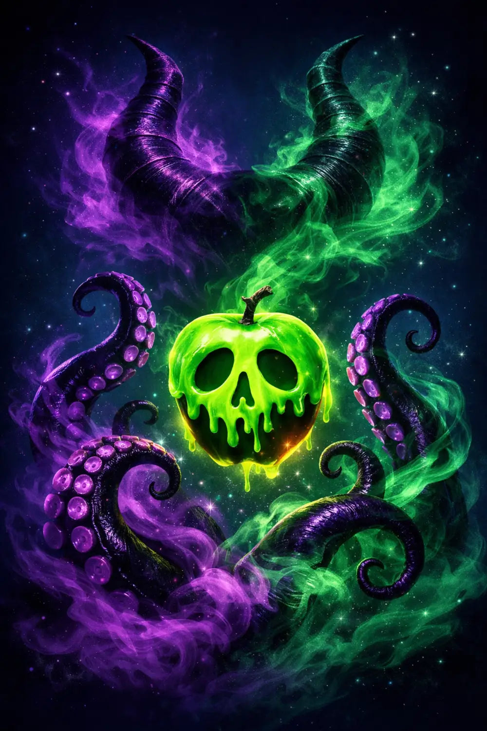 Disney villain symbols including Maleficent horns and Ursula tentacles in purple and green magical mist