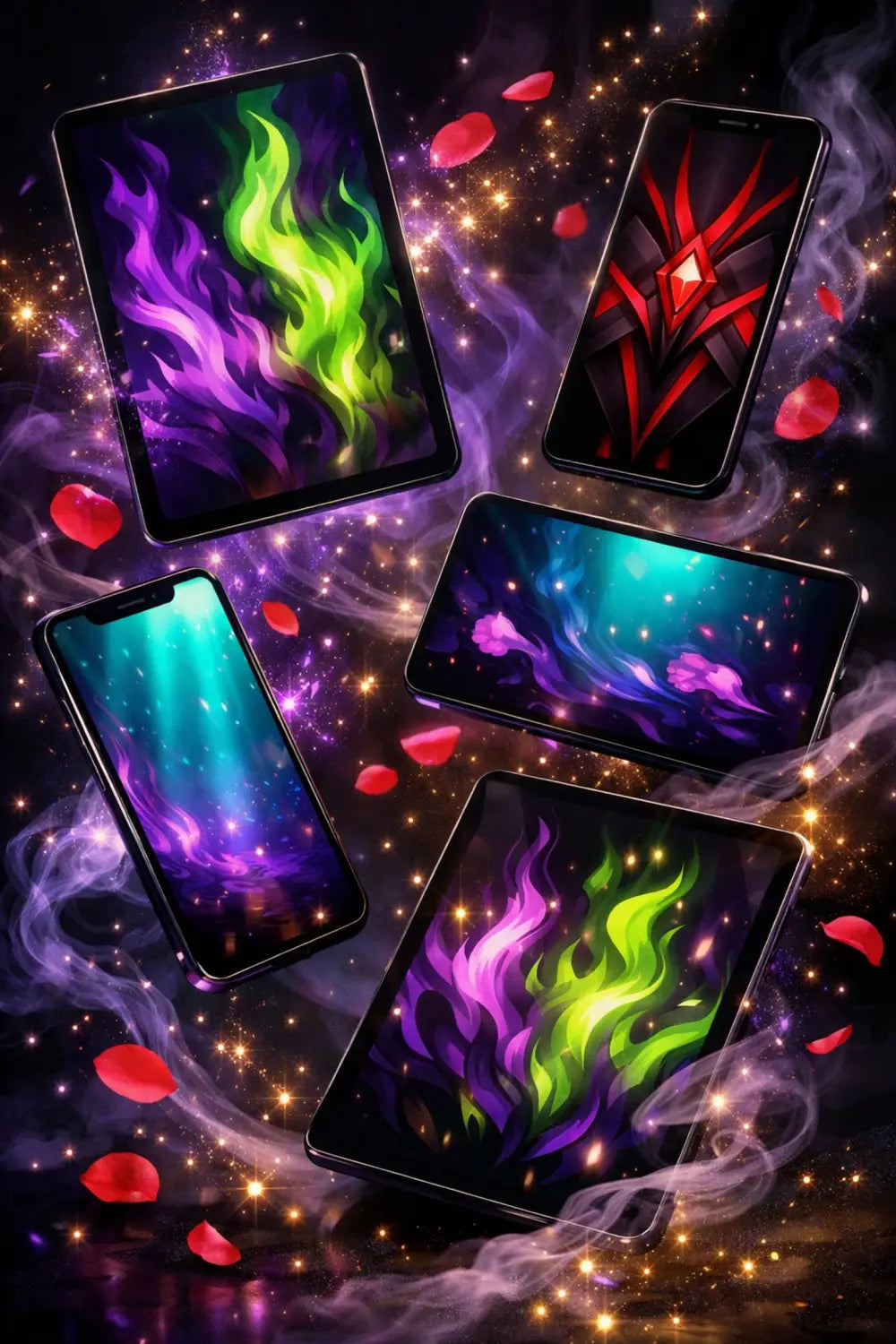 Multiple smartphones and tablets displaying vibrant Disney villain wallpapers with magical effects