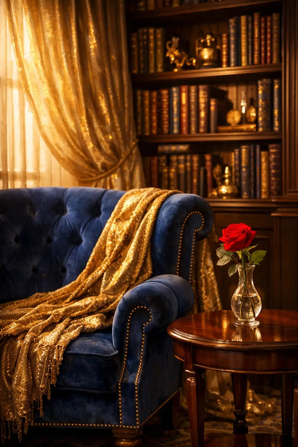 Beauty and the Beast themed reading nook with blue velvet chair, gold throw, and red rose decor.