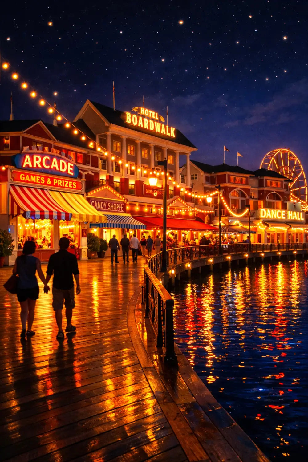Disney's BoardWalk Inn at night with lights reflecting on Crescent Lake and guests strolling