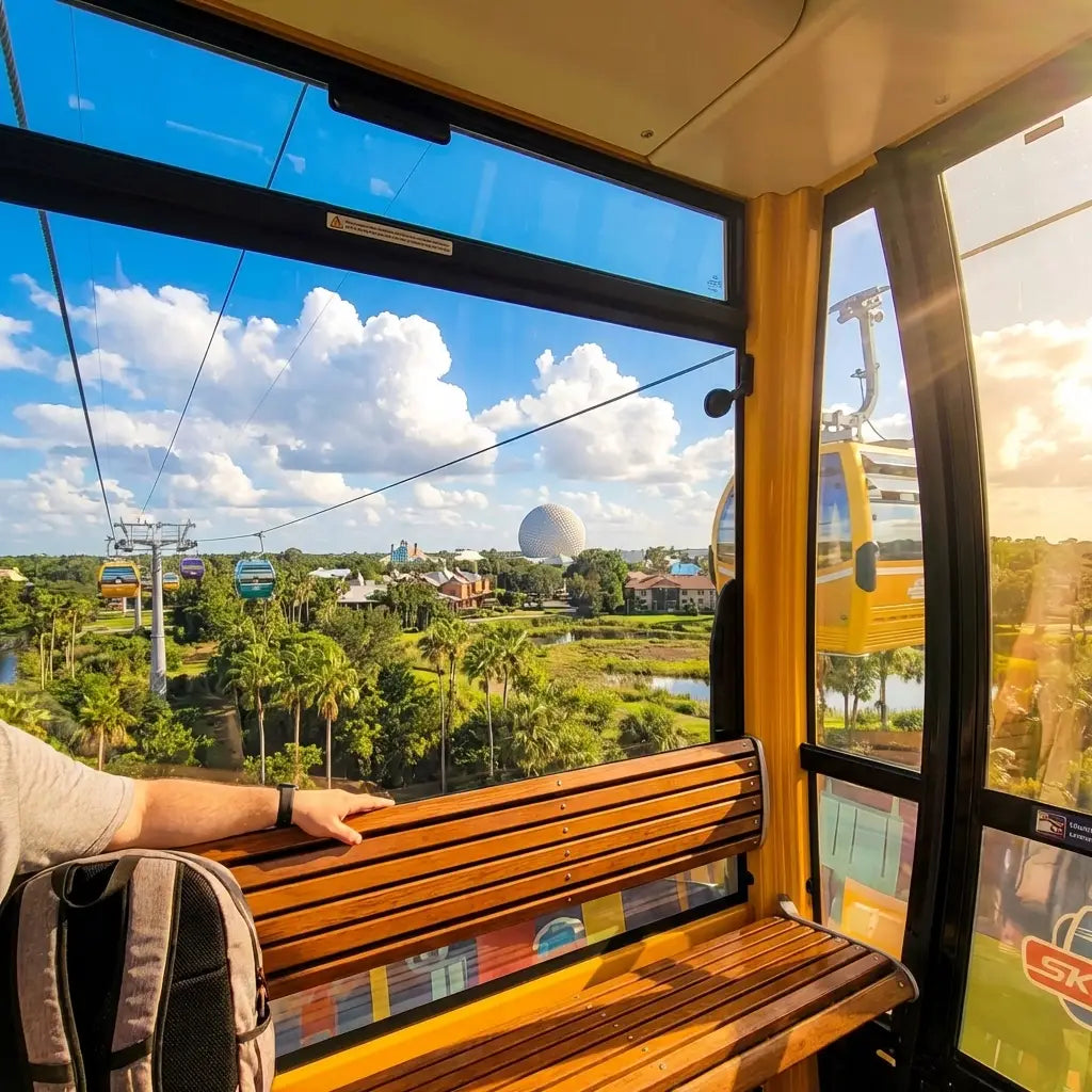 Disney Skyliner gondola view of Spaceship Earth and EPCOT from above