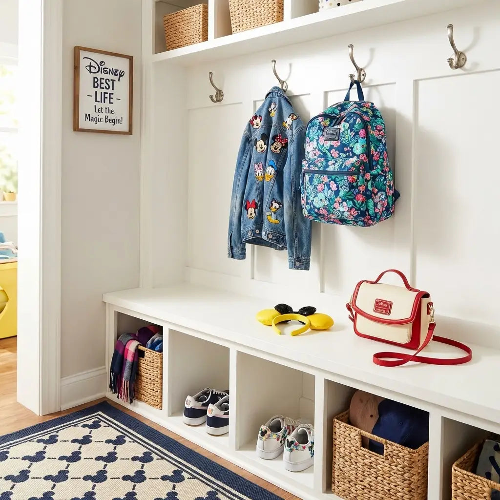 Organized Disney home entryway with a Mickey rug, themed bags, and Minnie ears.