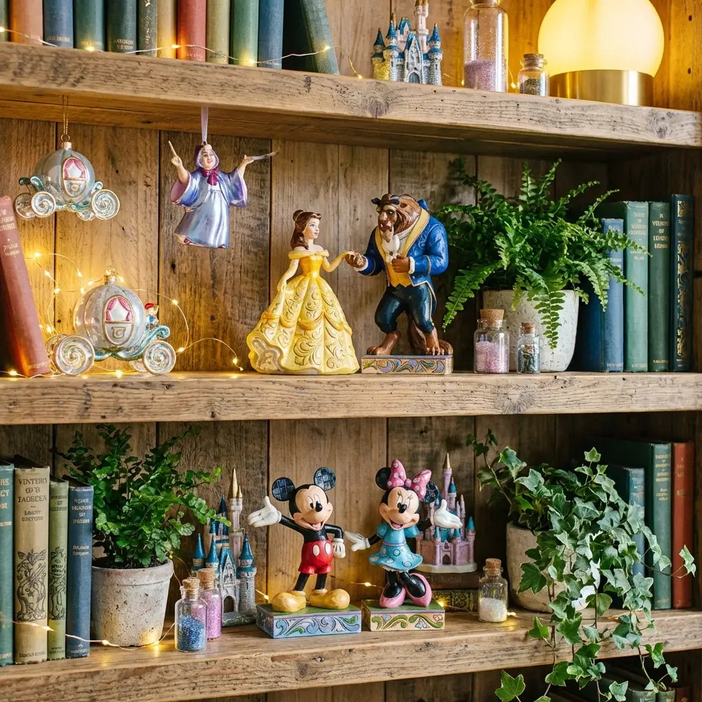 Bookshelf display of Disney figurines and ornaments, showcasing collectible home decor inspiration