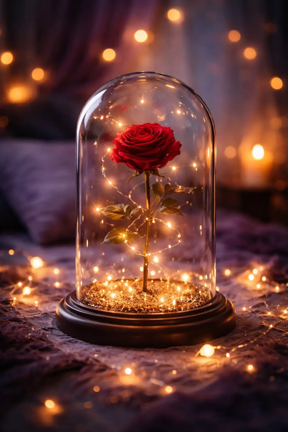 DIY Beauty and the Beast enchanted rose under a glass dome with fairy lights, adding magical Disney décor.
