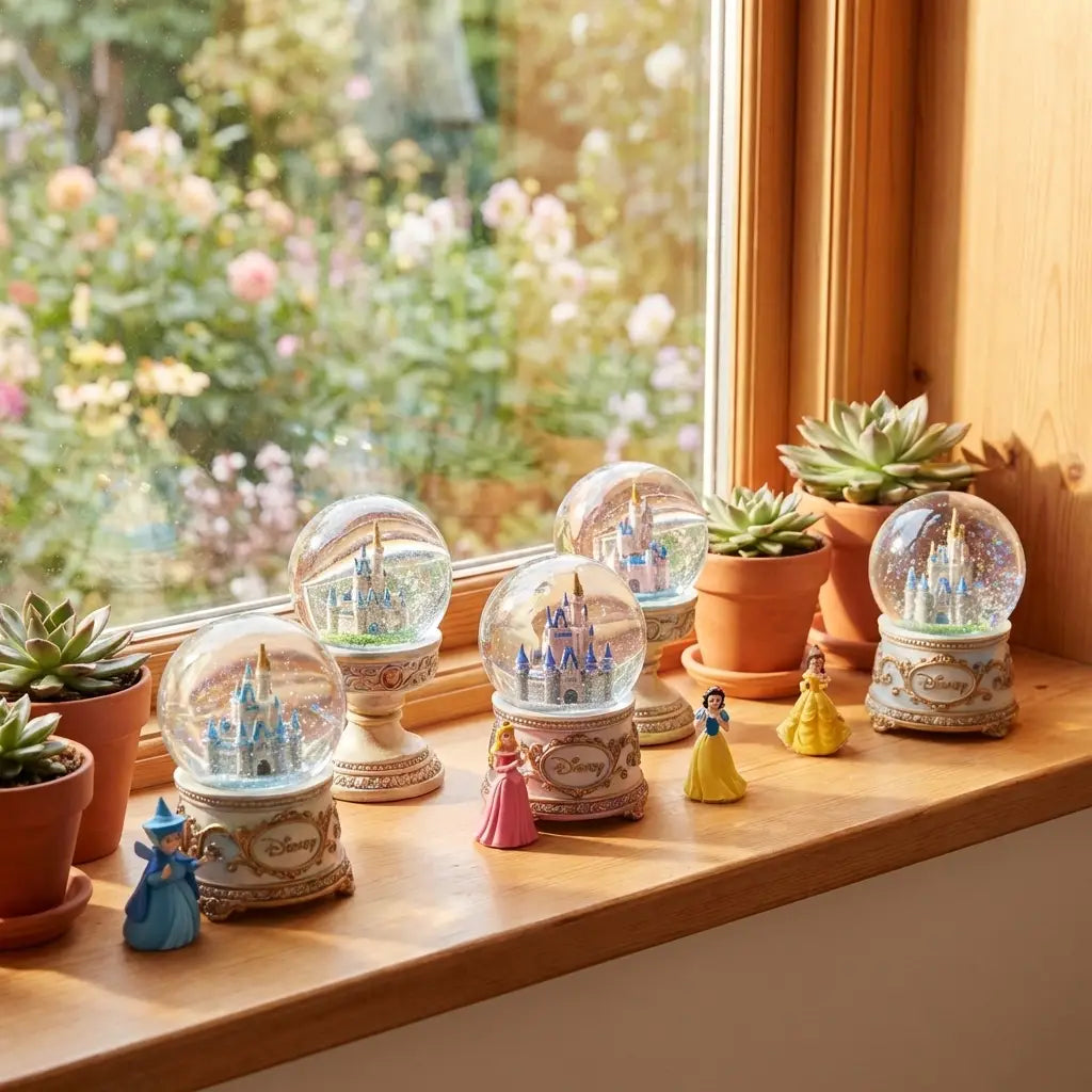 Disney snow globes and character figurines on a sunny windowsill adding nostalgic magic to a home office.