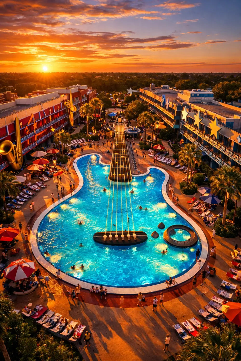 Guitar-shaped pool at Disney's All-Star Music Resort surrounded by musical themed buildings
