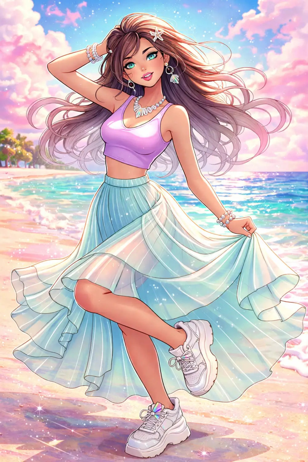 Woman in a lavender crop top and green skirt with shell jewelry, capturing Ariel-inspired Disney everyday fashion