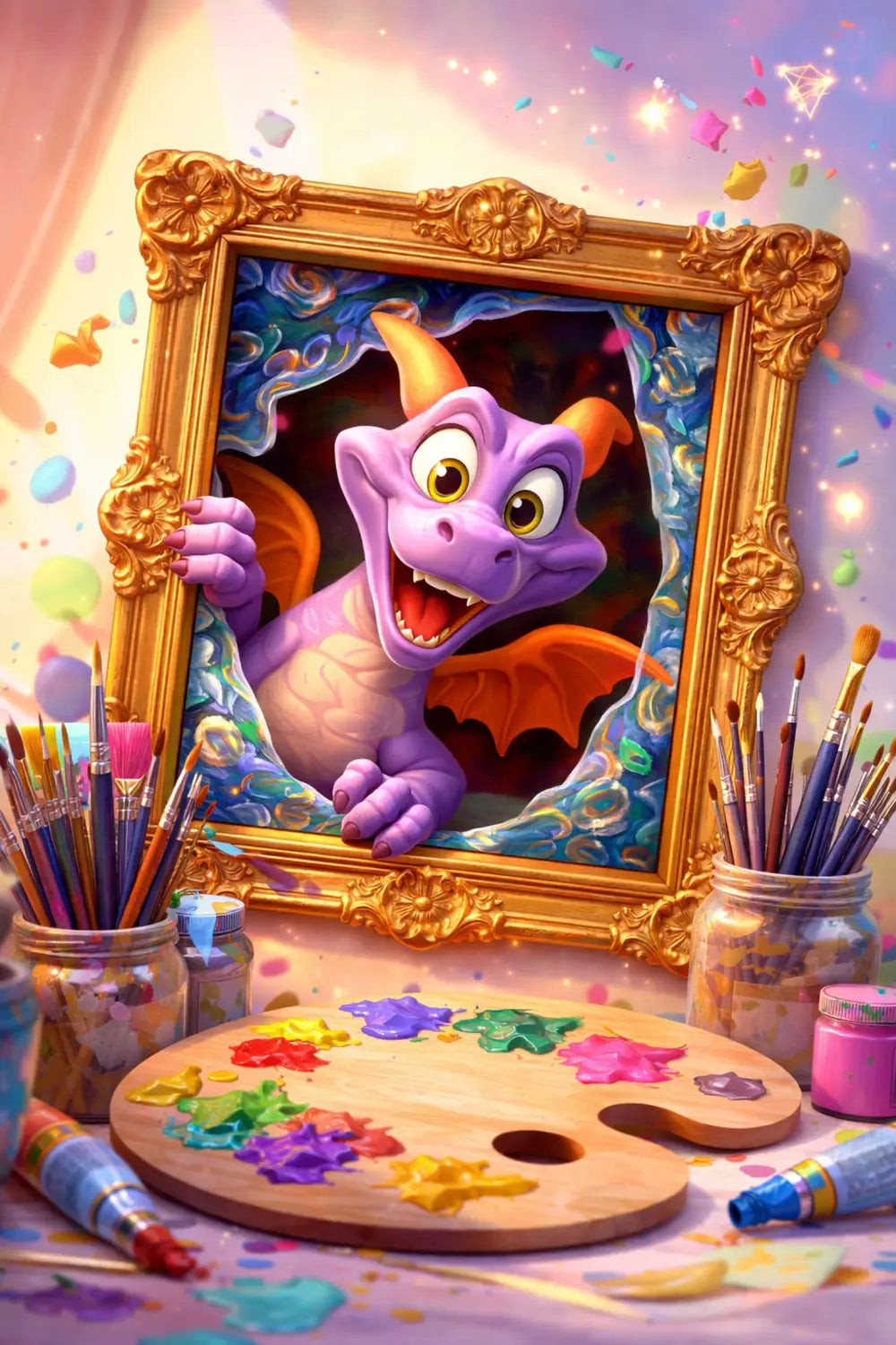 Figment the purple dragon hidden playfully in an art frame surrounded by colorful Disney-themed painting supplies at EPCOT