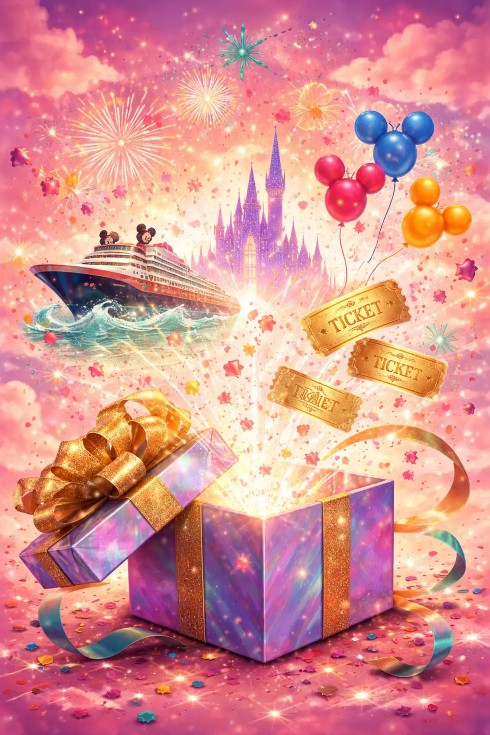 Gift box bursting with magical Disney vacation elements as the ultimate Valentine's Day present