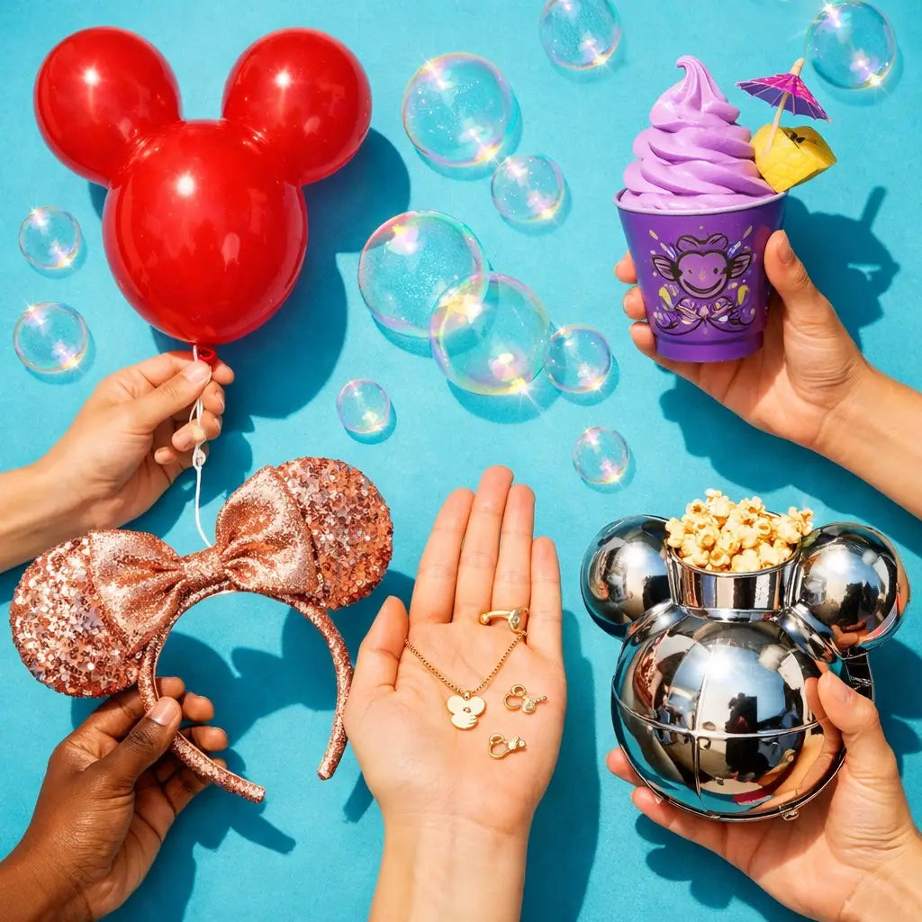 Disney park photo props including Mickey balloon, Dole Whip, Minnie ears, and popcorn bucket