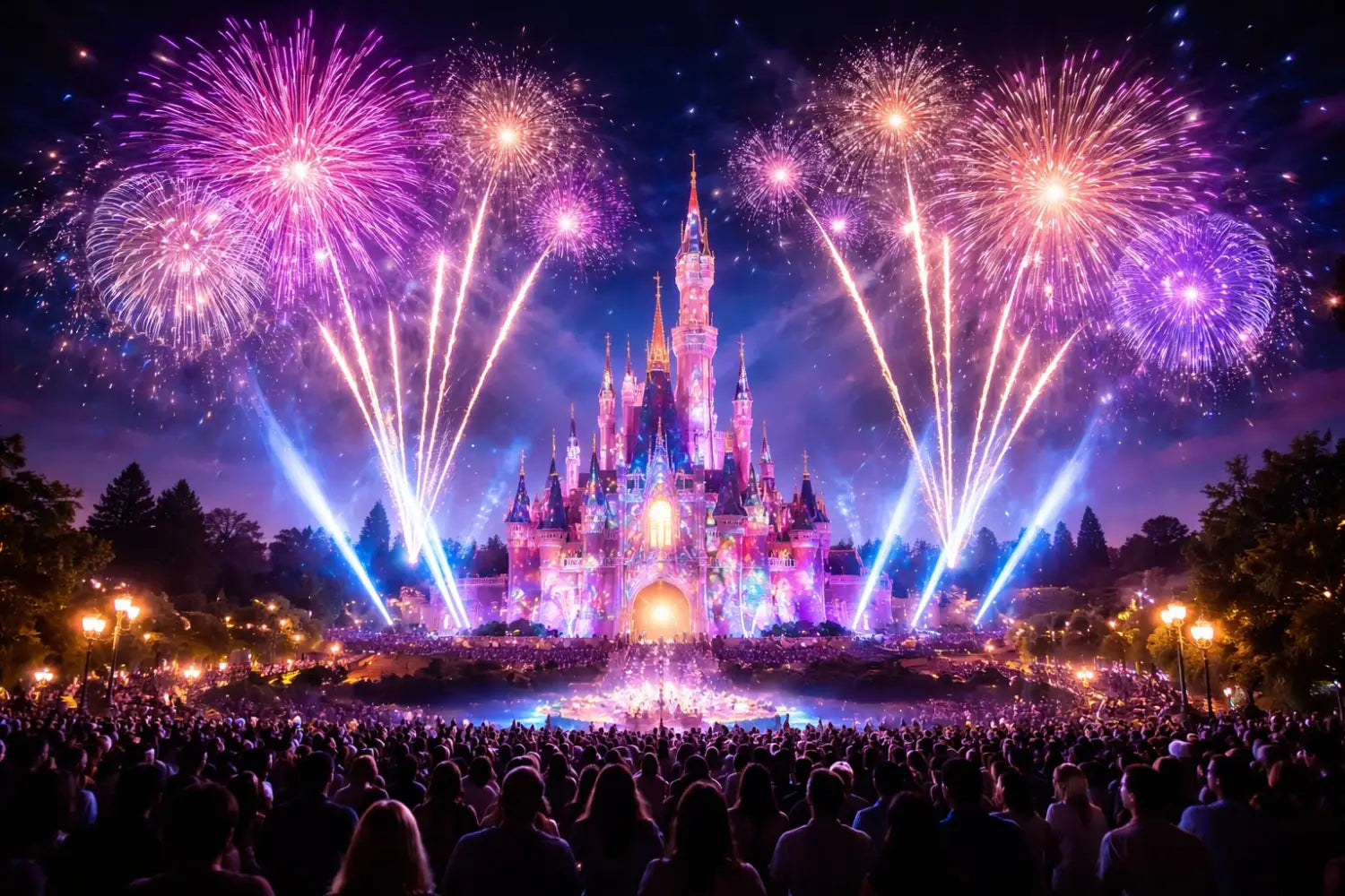 Nighttime fireworks show at a Disney castle with panoramic views, ideal for live entertainment seating tips